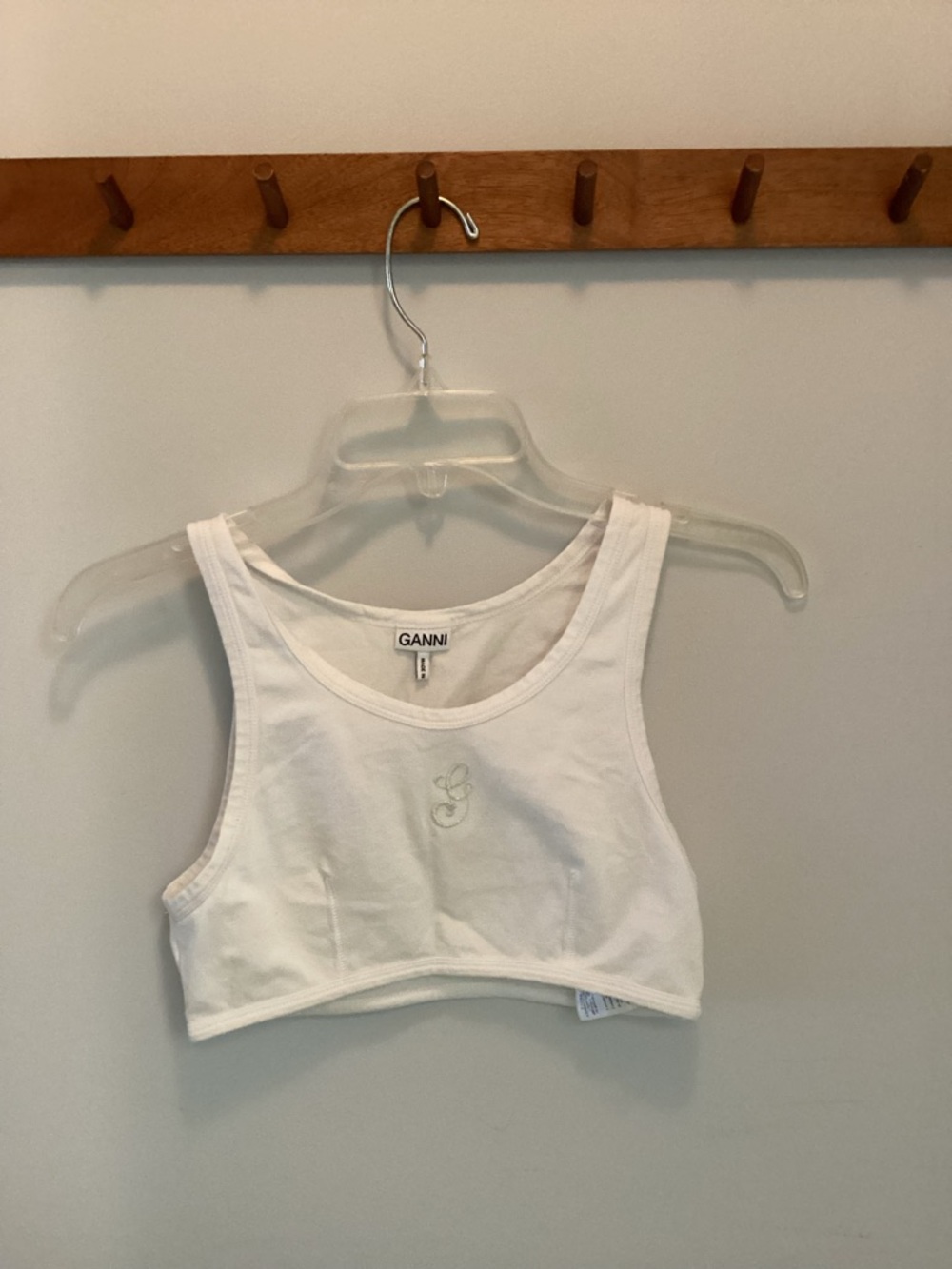 Ganni White Cropped Tank Top with Embroidered G